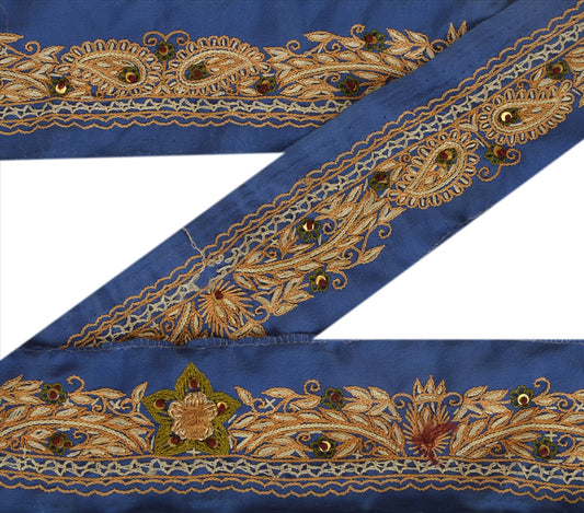 Sanskriti Vintage Sari Border Hand Beaded 1Yd Indian Trim Dã©Cor Ribbon Blue Lace