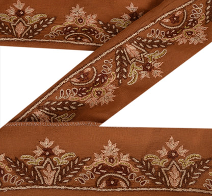 Sanskriti Vintage Sari Border Antique Hand Beaded 1 Yd Indian Trim Ribbon Brown Zari Lace