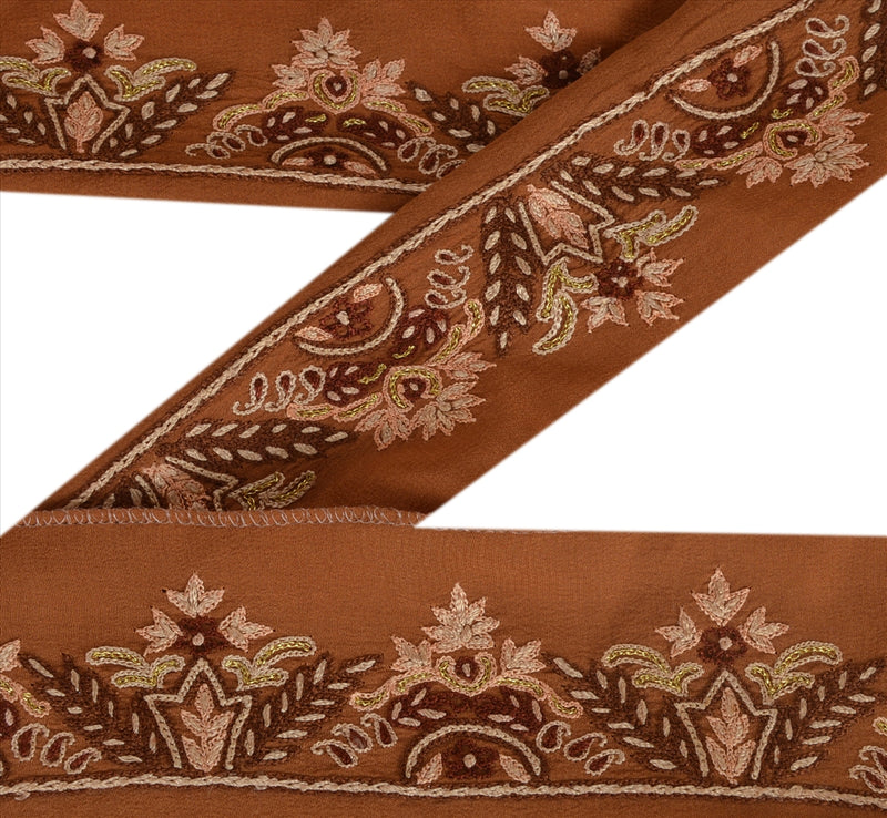 Sanskriti Vintage Sari Border Antique Hand Beaded 1 Yd Indian Trim Ribbon Brown Zari Lace