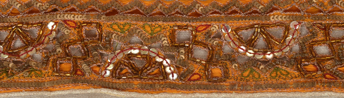 SANSKRITI VINTAGE Border Hand Beaded 1 YD Indian Trim Sewing Saffron Lace
