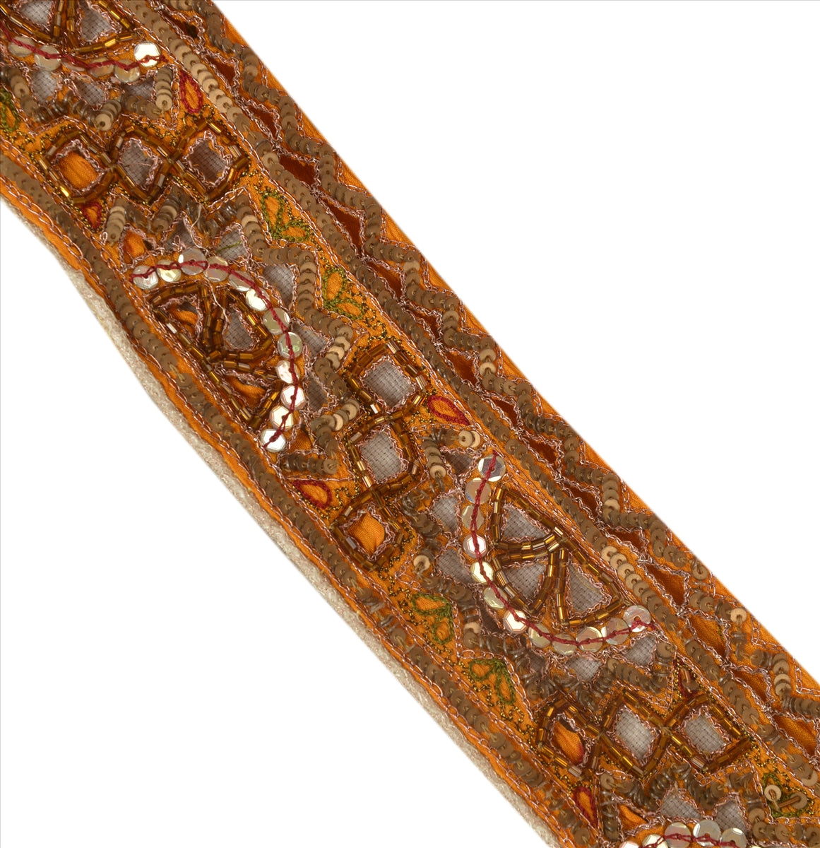 SANSKRITI VINTAGE Border Hand Beaded 1 YD Indian Trim Sewing Saffron Lace