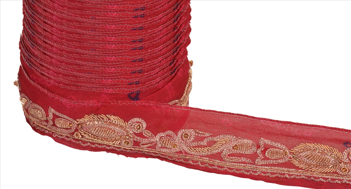 Sanskriti Vintage Sari Border Hand Beaded 1 Yd Indian Trim Ribbon Maroon Lace
