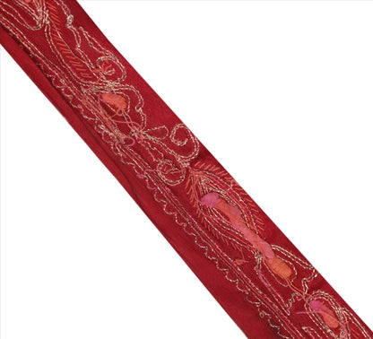 Sanskriti Vintage Sari Border Hand Beaded 1 Yd Indian Trim Ribbon Maroon Lace