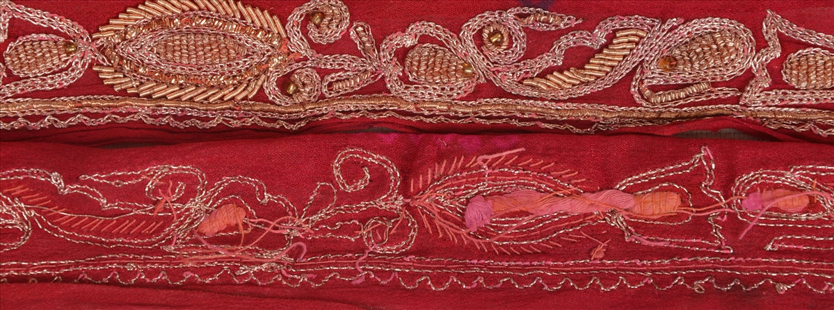 Sanskriti Vintage Sari Border Hand Beaded 1 Yd Indian Trim Ribbon Maroon Lace