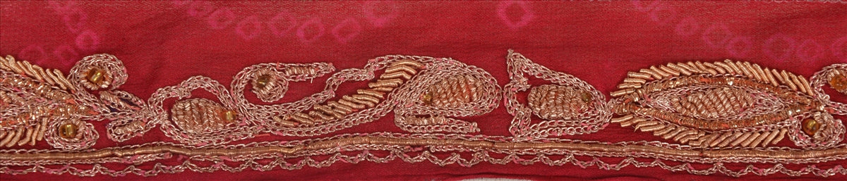 Sanskriti Vintage Sari Border Hand Beaded 1 Yd Indian Trim Ribbon Maroon Lace