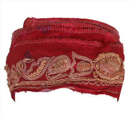 Sanskriti Vintage Sari Border Hand Beaded 1 Yd Indian Trim Ribbon Maroon Lace