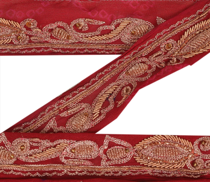 Sanskriti Vintage Red 1Yd 1"W Saree Border Pure SIlk Hand Embroidered Zardozi Indian Sari Trim Ribbon Lace For Embellishment, DIY Project