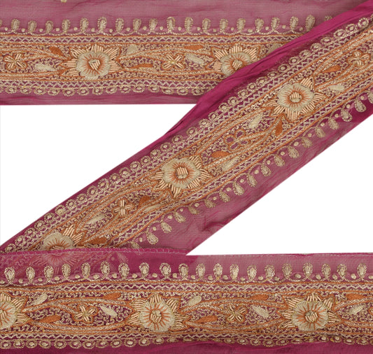 Sanskriti Vintage Sari Border Hand Beaded 1 Yd Indian Trim Sewing Pink Lace