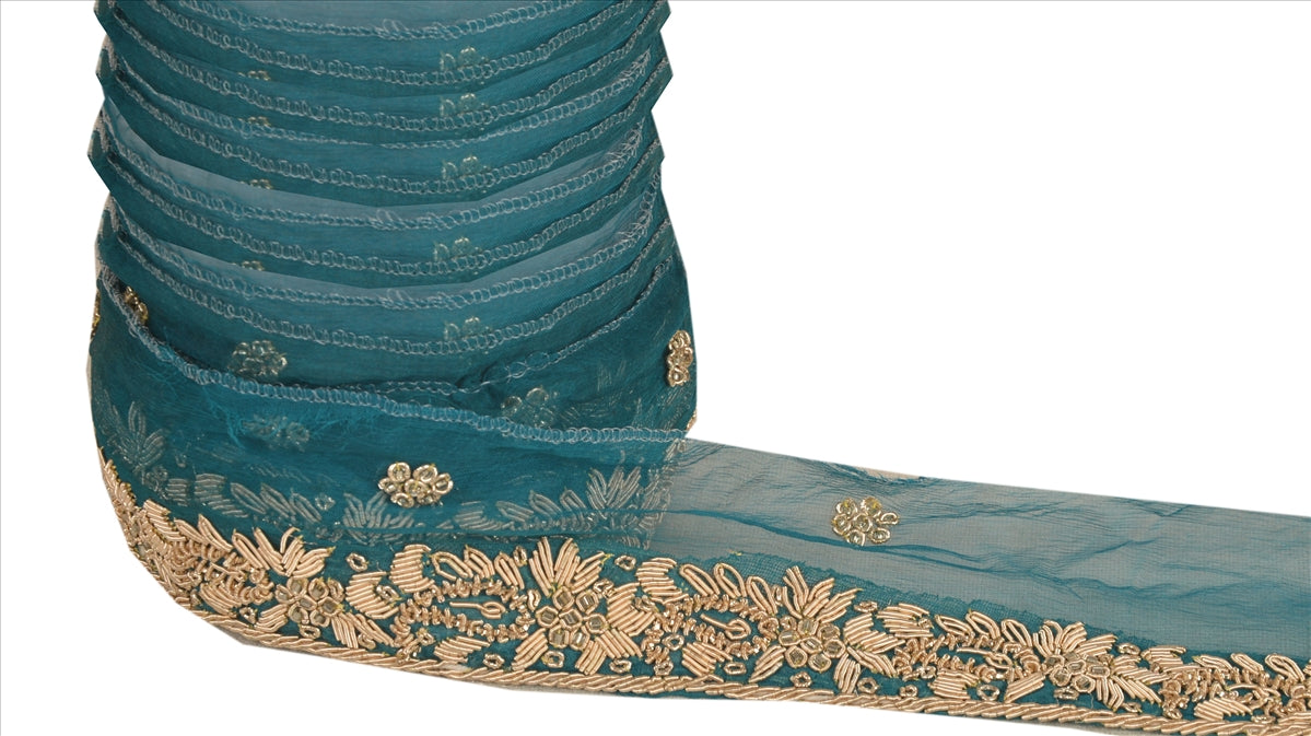 Sanskriti Vintage Sari Border Hand Beaded 1 Yd Indian Trim Ribbon Green Lace