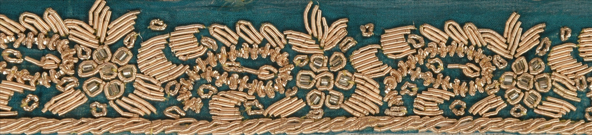 Sanskriti Vintage Sari Border Hand Beaded 1 Yd Indian Trim Ribbon Green Lace