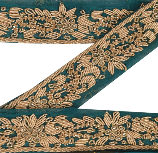 Sanskriti Vintage Sari Border Hand Beaded 1 Yd Indian Trim Ribbon Green Lace