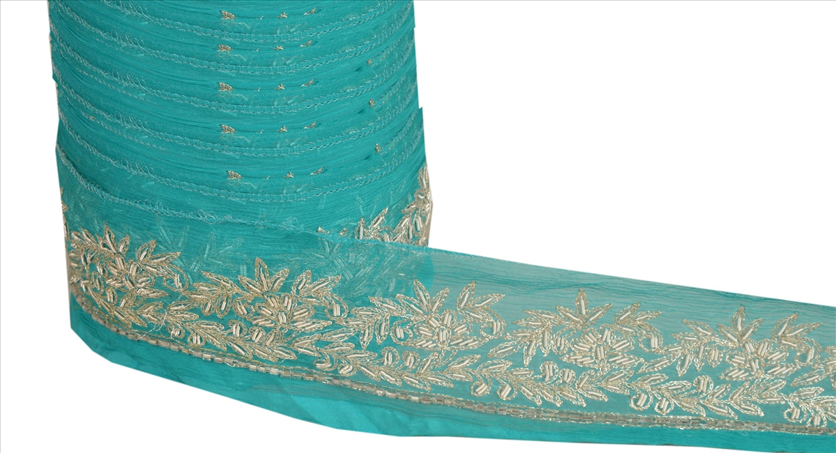 Sanskriti Vintage Sari Border Hand Beaded 1 Yd Indian Trim Sewing Green Lace