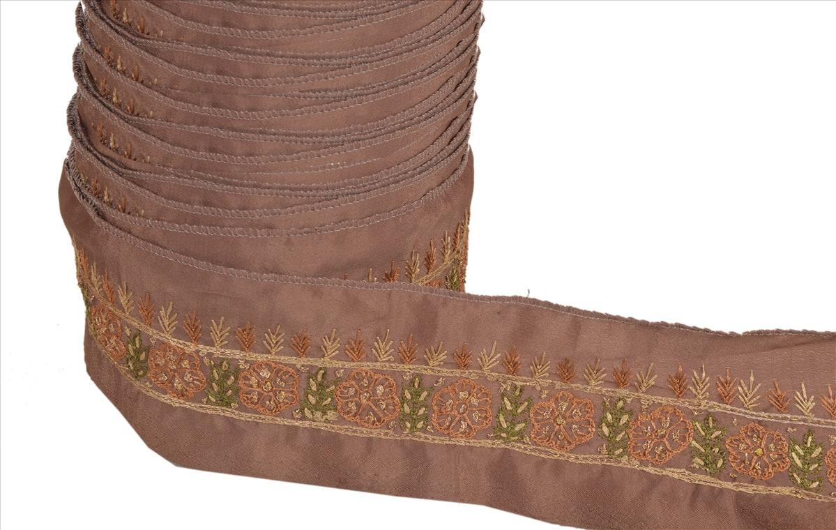 Sanskriti Vintage Sari Border Hand Beaded 1 Yd Indian Trim Ribbon Brown Lace