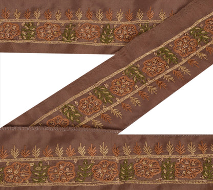 Sanskriti Vintage Sari Border Hand Beaded 1 Yd Indian Trim Ribbon Brown Lace