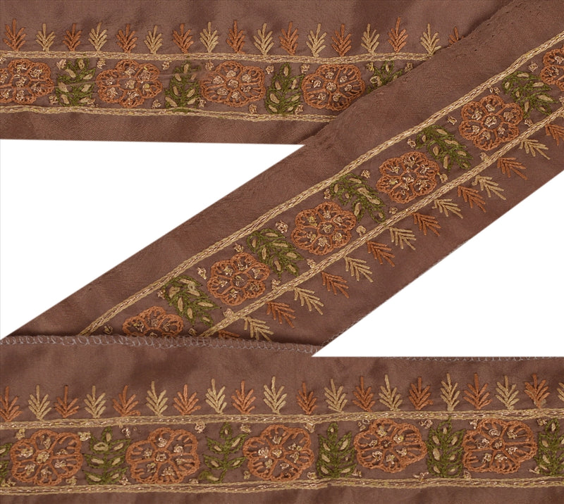 Sanskriti Vintage Saree Border Hand Beaded 1 Yd Indian Sari Trim Ribbon Sarees Brown Art Silk lace Zari & Thread 1.5 W Lace