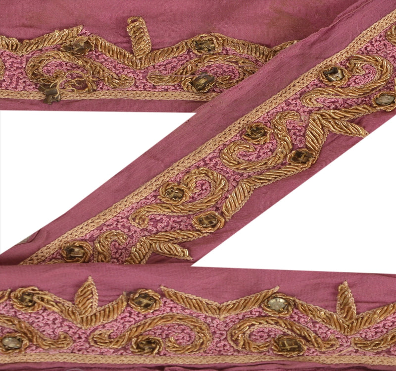 Sanskriti Vintage Purple Saree Border 1 Yd 1.5"W Art Silk Hand Embroiderd Zardozi Indian Sari Trim Zari Lace For Embellishment, Project
