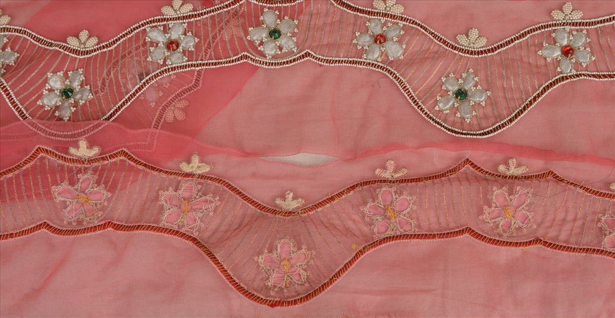 Sanskriti Vintage Sari Border Hand Beaded 1 Yd Indian Trim Sewing Pink Zari Lace