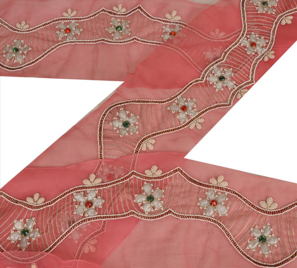 Sanskriti Vintage Sari Border Hand Beaded 1 Yd Indian Trim Sewing Pink Zari Lace