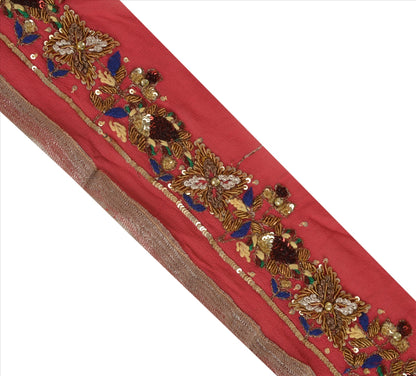 Sanskriti Vintage Sari Border Hand Beaded 1 Yd Indian Trim Sewing Pink Zari Lace