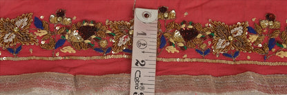 Sanskriti Vintage Sari Border Hand Beaded 1 Yd Indian Trim Sewing Pink Zari Lace