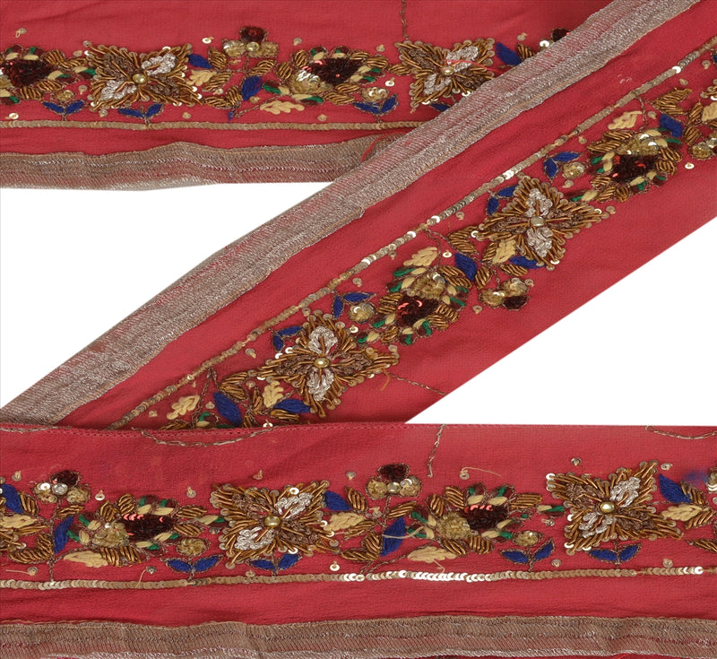 Sanskriti Vintage Saree Border Pink 1 Yd 3" W Georgette Hand Beaded Zari Zardozi Indian Sari Trim Sewing Zari Lace For Embellishment,