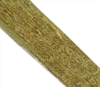 Sanskriti Vintage Sari Border Hand Beaded 1 Yd Indian Trim Sewing Green Zari Lace