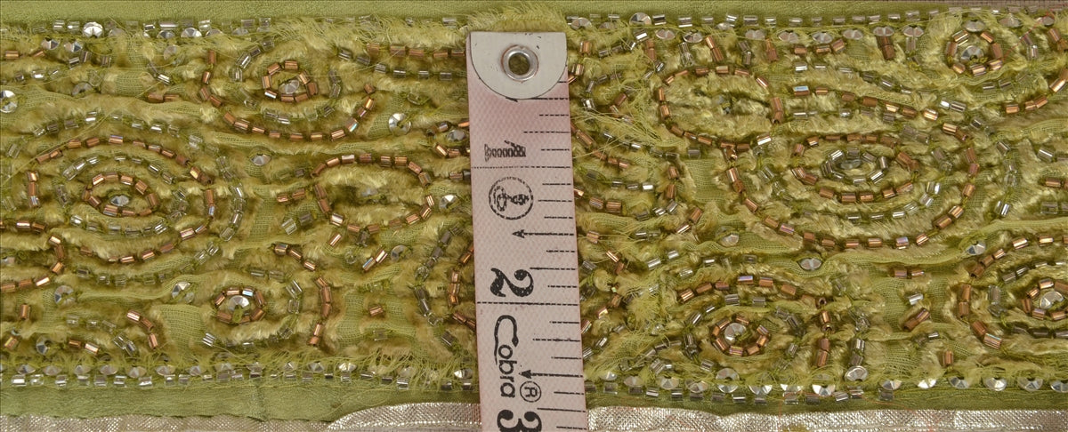 Sanskriti Vintage Sari Border Hand Beaded 1 Yd Indian Trim Sewing Green Zari Lace