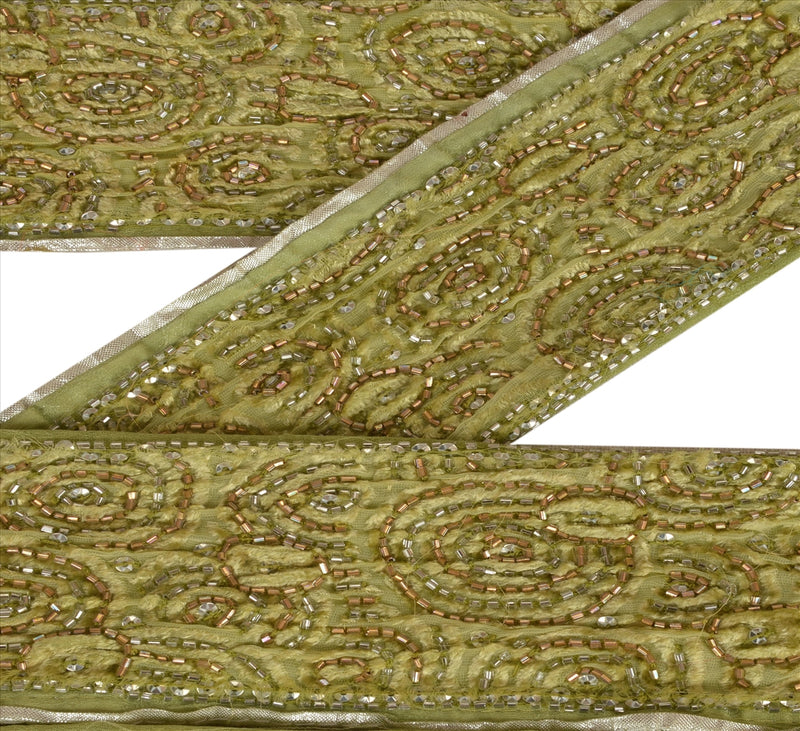 Sanskriti Vintage Green 1 Yd 3.2"W Saree Border Pure Silk Hand Beaded Zari Sequins Indian Sari Trim Sewing Zari Lace For Embellishment,