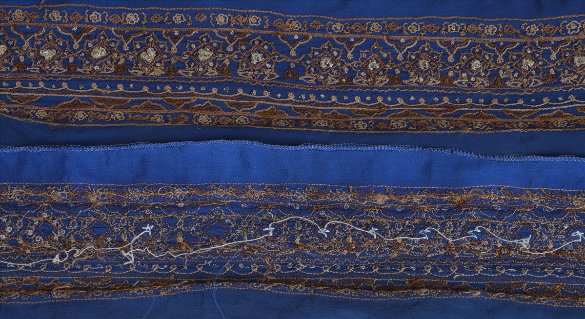 Sanskriti Vintage Sari Border Hand Beaded 1 Yd Indian Trim Sewing Blue Zari Lace