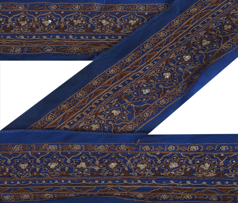 Sanskriti Vintage Blue Saree Border 1 Yd 3.5"W Pure Crepe Silk Hand Beaded Indian Sari Trim Sewing Zari Lace For Embellishment,DIY Project