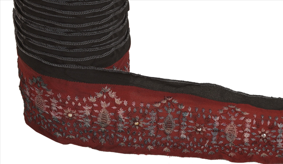 Sanskriti Vintage Sari Border Hand Beaded 1 Yd Indian Trim Sewing Maroon Lace