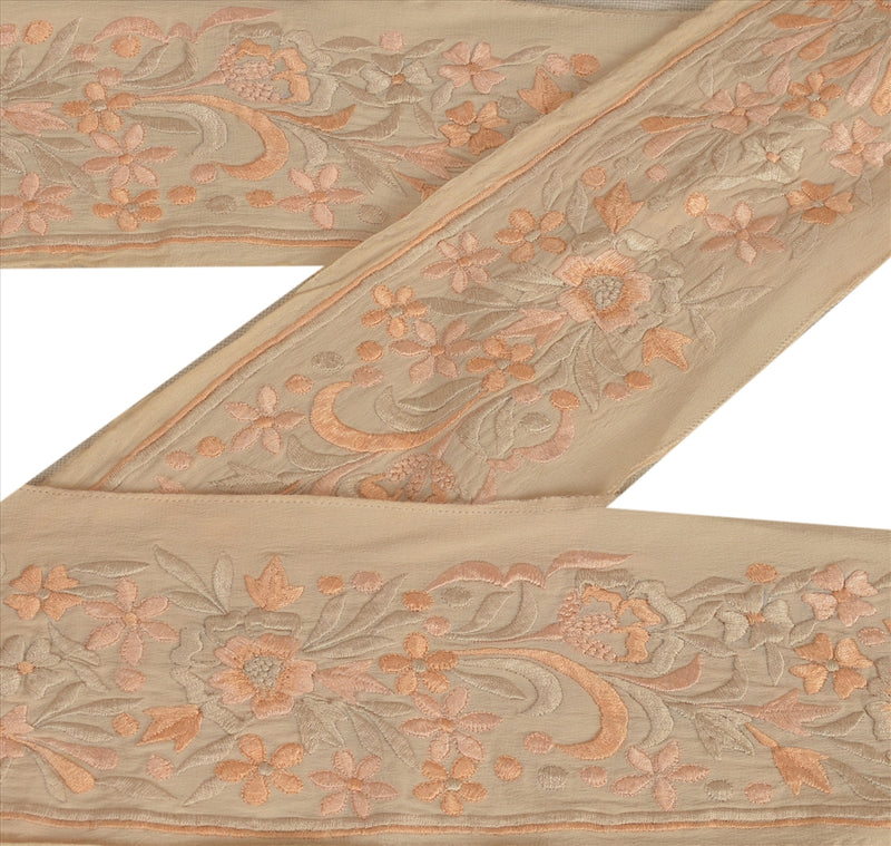Sanskriti Vintage Embroidered Crepe Silk Sari Border: Peach Floral Indian Trim, 1 Yard