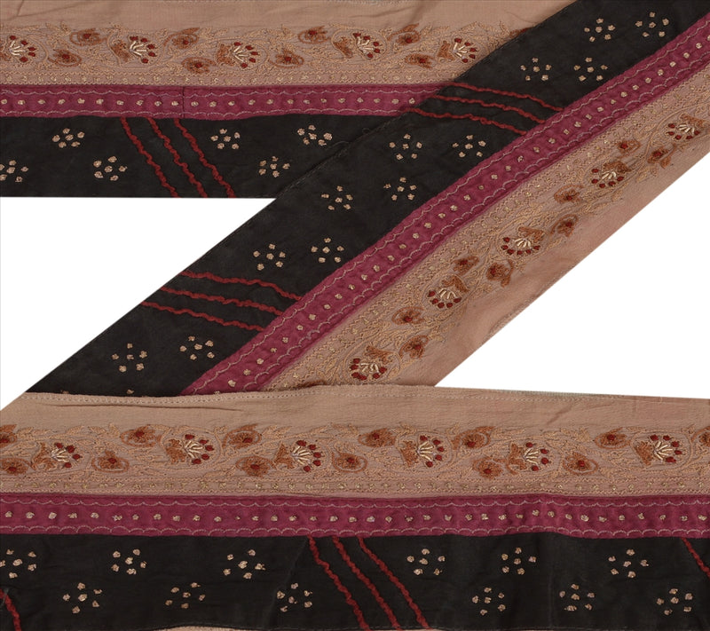 Sanskriti Vintage Beige Saree Border 1Yd 3"W Hand Embroidered Zari Zardozi Pure Crepe Silk Indian Trim Lace For Embellishment, DIY Project