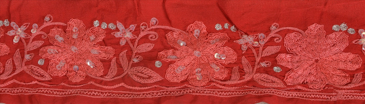 Sanskriti Vintage Sari Border Hand Beaded 1 Yd Indian Trim Sewing Red Zari Lace