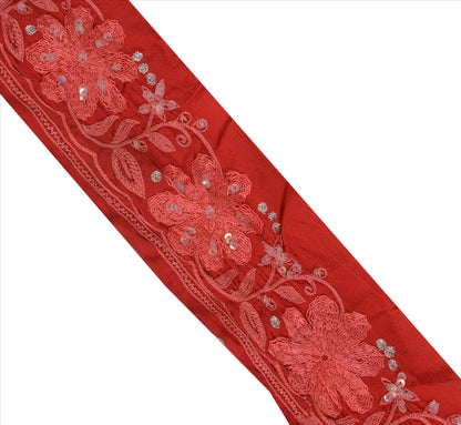 Sanskriti Vintage Sari Border Hand Beaded 1 Yd Indian Trim Sewing Red Zari Lace