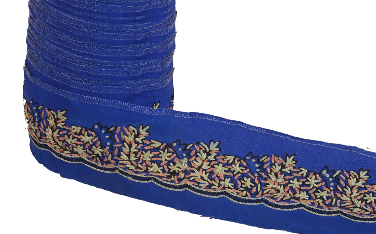Sanskriti Vintage Sari Border Antique Hand Embroidered 1 Yd Indian Trim Ribbon Blue Lace