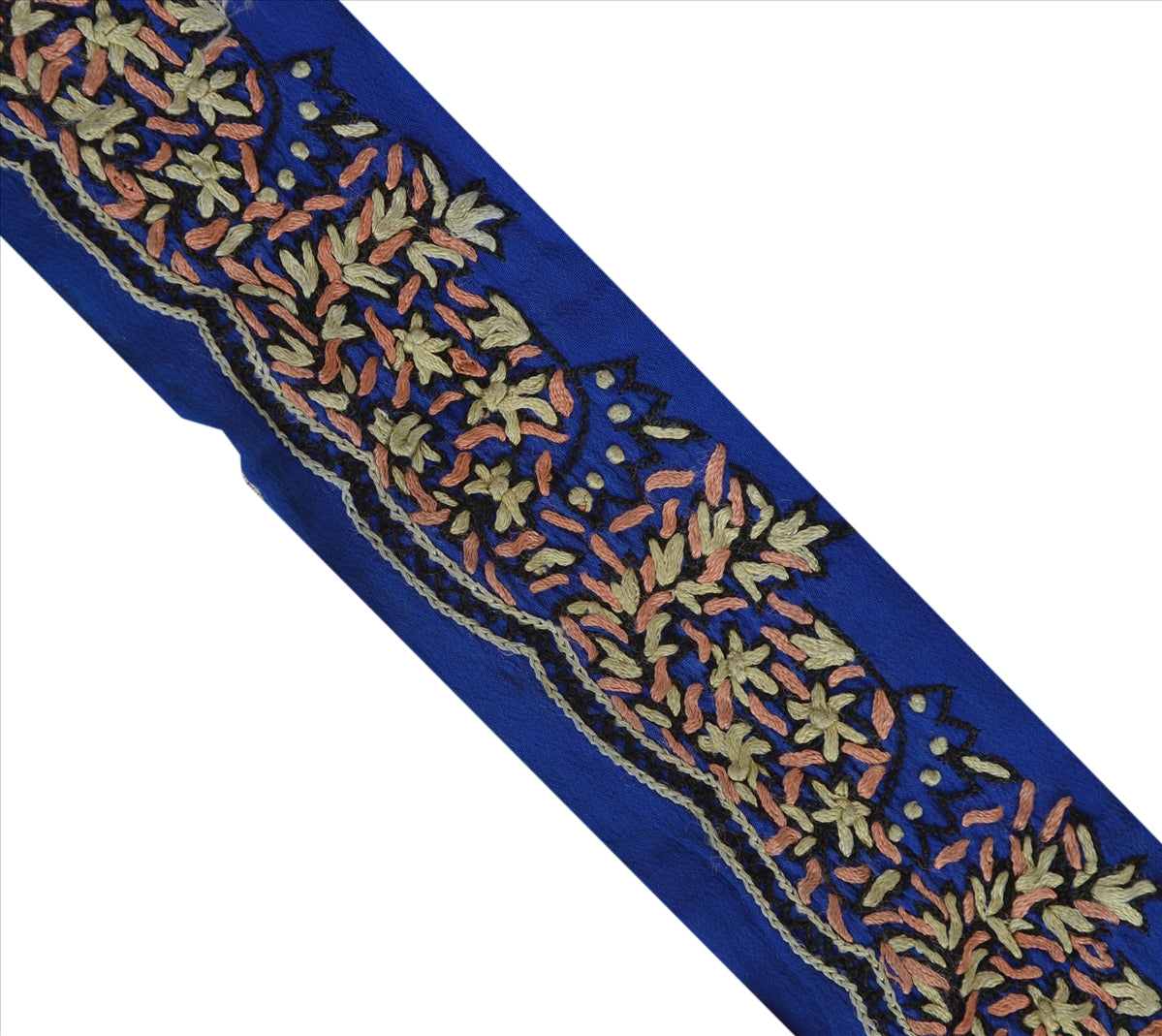 Sanskriti Vintage Sari Border Antique Hand Embroidered 1 Yd Indian Trim Ribbon Blue Lace