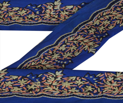 Sanskriti Vintage Sari Border Antique Hand Embroidered 1 Yd Indian Trim Ribbon Blue Lace