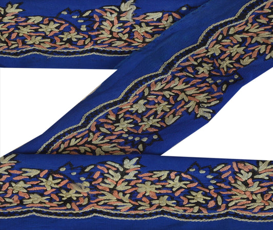 Sanskriti Vintage Sari Border Antique Hand Embroidered 1 Yd Indian Trim Ribbon Blue Lace