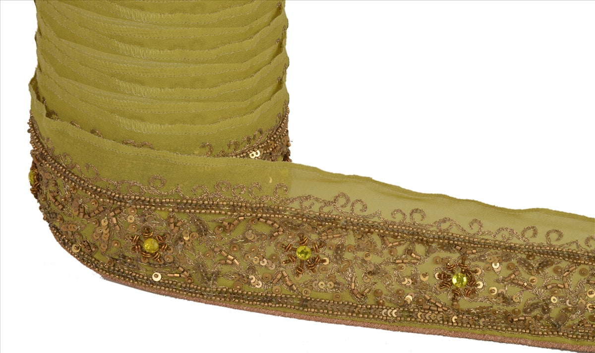 Sanskriti Vintage Sari Border Antique Hand Beaded 1 Yd Indian Trim Sewing Green Zari Lace