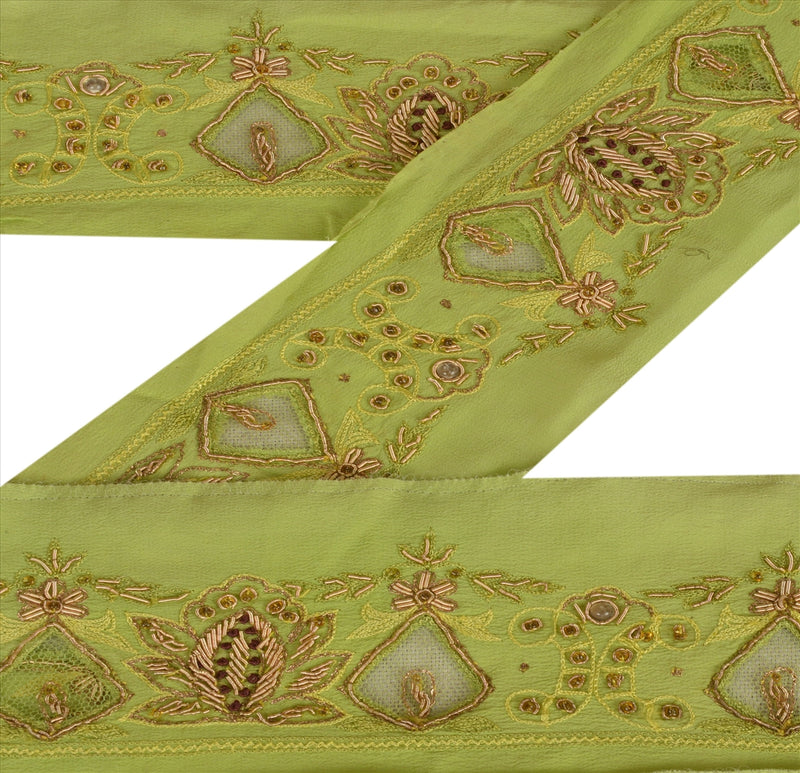 Sanskriti Vintage Sari Kant Antik Håndperlet 1 Yard Indisk Kant Syning Grøn Dekor Blonde