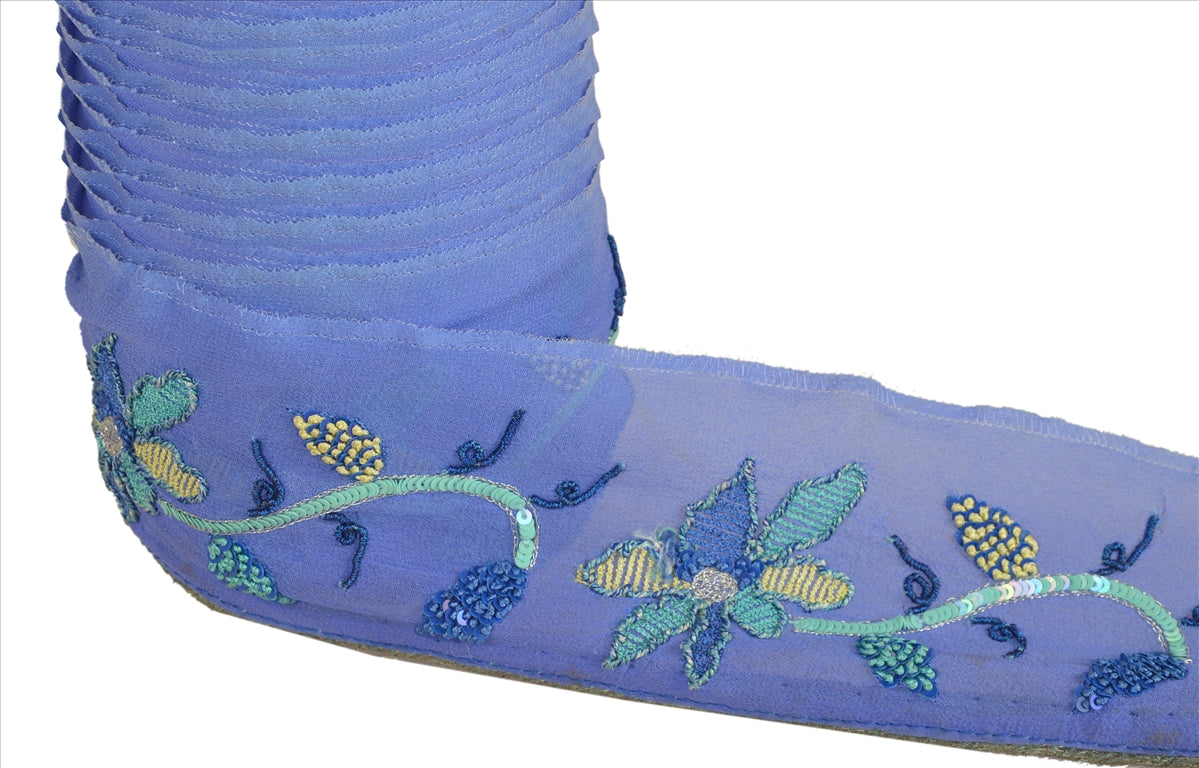 Sanskriti Vintage Sari Border Antique Hand Beaded 1 Yd Indian Trim Sewing Blue Zari Lace