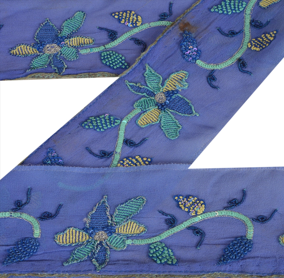 Sanskriti Vintage Sari Border Antique Hand Beaded 1 Yd Indian Trim Sewing Blue Zari Lace