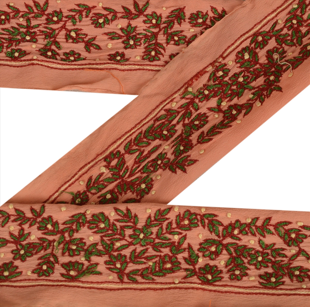 Sanskriti Vintage Sari Border Antique Hand Embroidered 1 Yd Indian Trim Ribbon Peach Lace