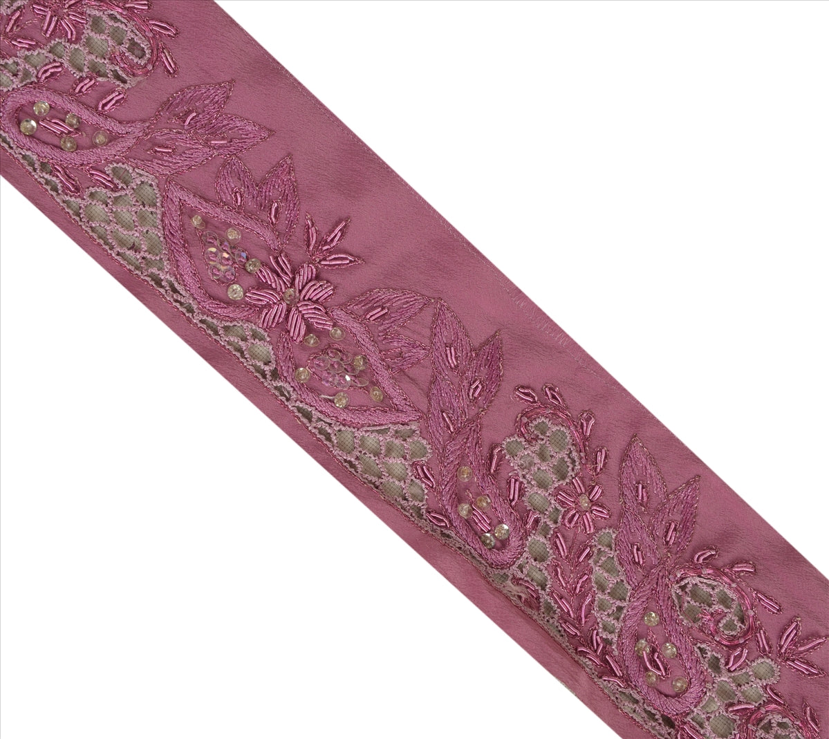 Sanskriti Vintage Sari Border Antique Hand Beaded 1 Yd Indian Trim Sewing Pink Zari Lace
