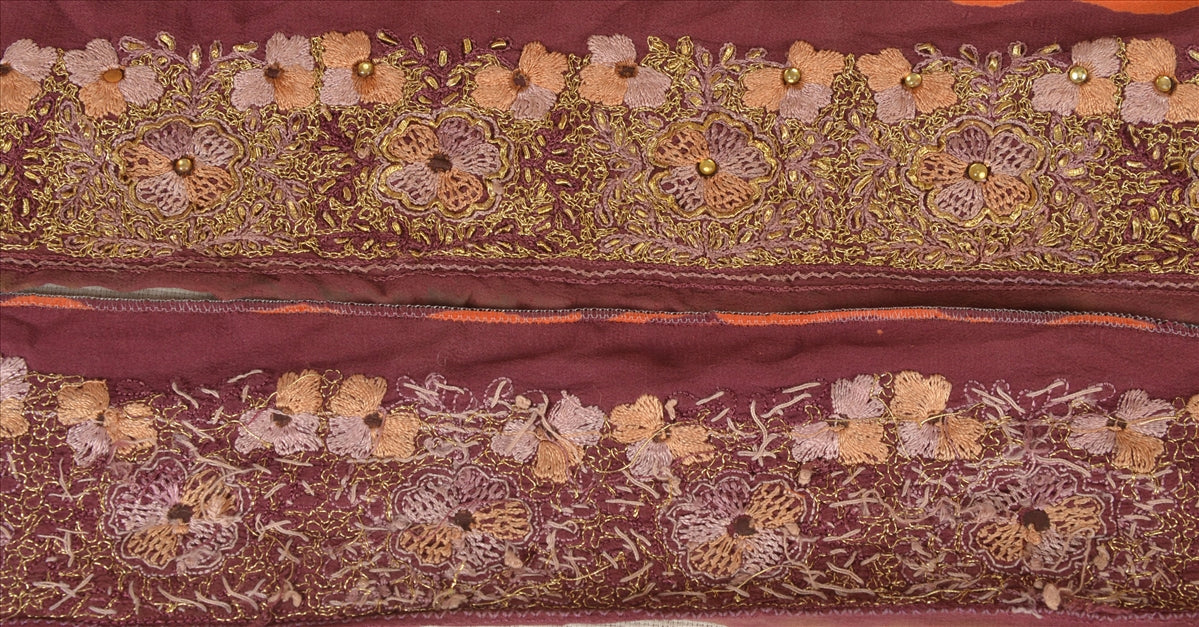 Sanskriti Vintage Sari Border Antique Hand Beaded 1 Yd Indian Trim Sewing Purple Zari Lace