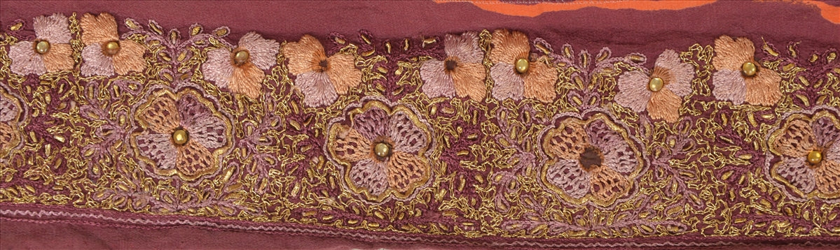 Sanskriti Vintage Sari Border Antique Hand Beaded 1 Yd Indian Trim Sewing Purple Zari Lace