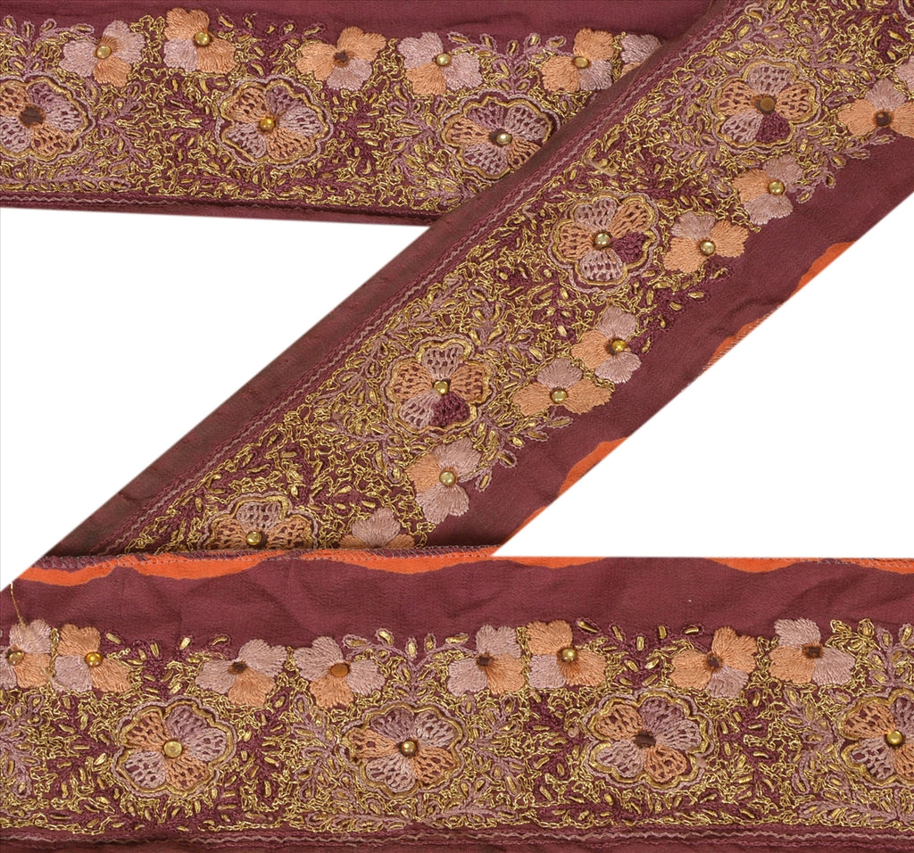 Sanskriti Vintage Sari Border Antique Hand Beaded 1 Yd Indian Trim Sewing Purple Zari Lace