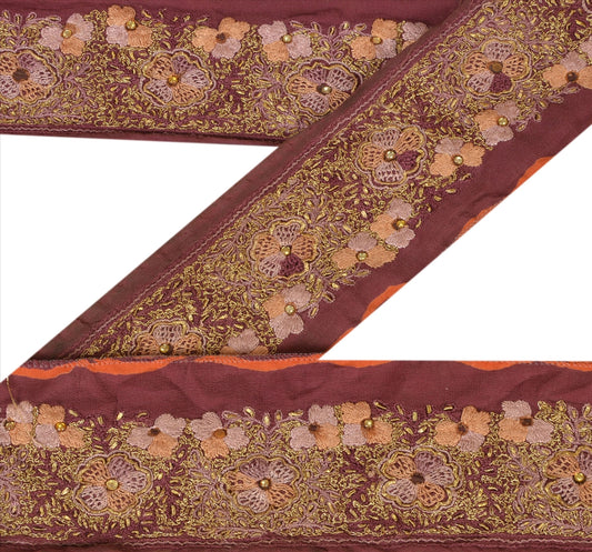 Sanskriti Vintage Sari Border Antique Hand Beaded 1 Yd Indian Trim Sewing Purple Zari Lace