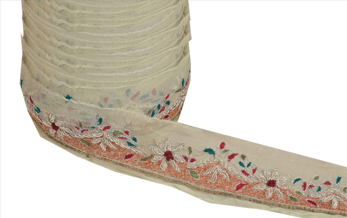 Sanskriti Vintage Sari Border Hand Beaded 1 Yd Indian Trim Sewing Cream Lace